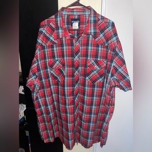 WRANGLER Shirt Mens XXXL Tall Red Plaid Pearl Snap Button  Pockets Short Sleeves